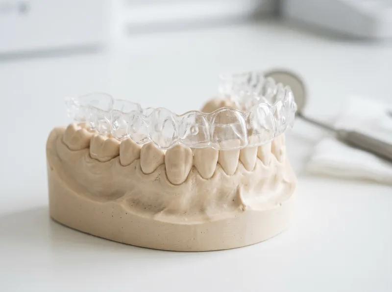 Gouttières aligneurs transparents sur mesure posées sur un modèle dentaire